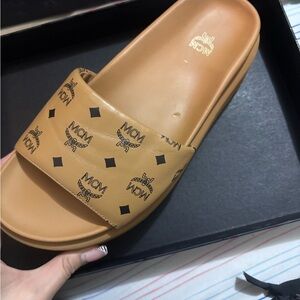 MCM Brown Logo Slide Sandals